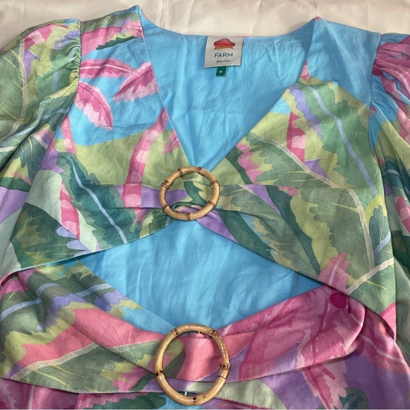 Farm Rio- BEACH VIBE LINEN BLEND CUTOUT DRESS In Blue Size Medium Palm Trees - Picture 3 of 11